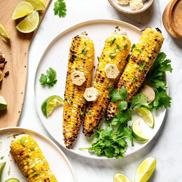 Charred Mexican mini corn on the cob marinated w chipotle chilli dust. Served with a smoked paprika & lime aioli (v, gf)