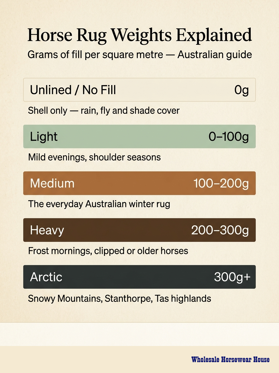 Horse rug weight bands: unlined, light, medium, heavy, arctic with fill grams per square metre