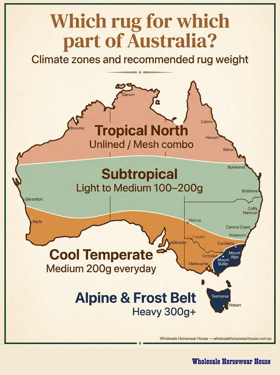 Map of Australia showing four climate zones and recommended horse rug weight for each