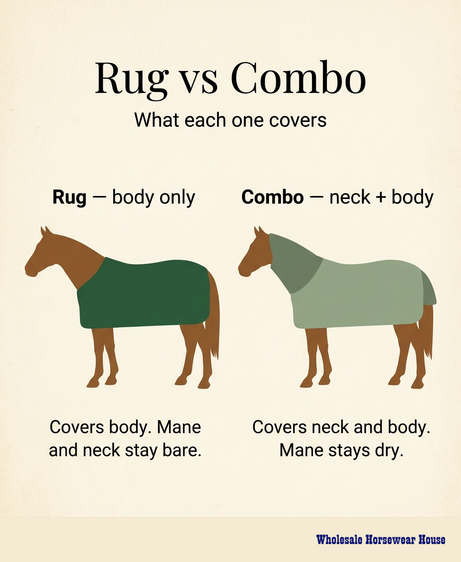 Side-by-side rug vs combo illustration showing body-only rug versus neck and body combo coverage