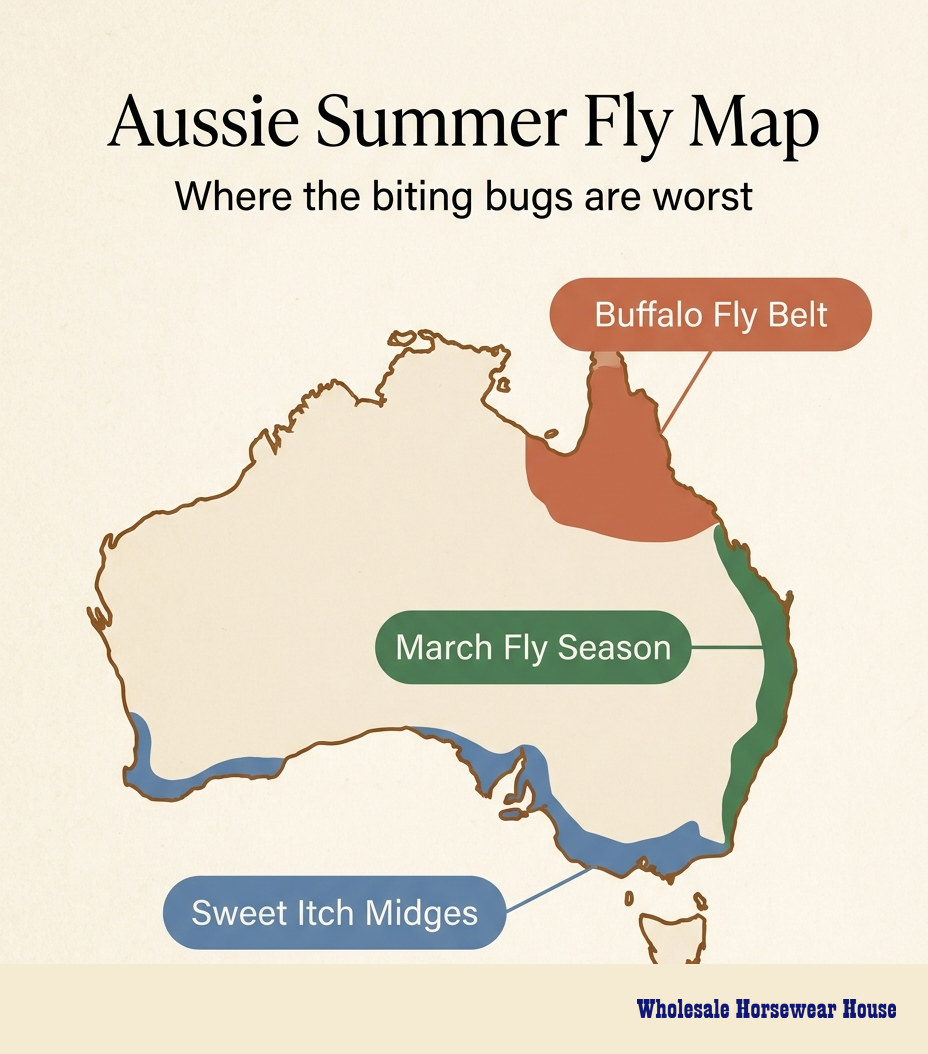 Stylised map of Australia showing three biting-insect zones — Buffalo Fly Belt across north Queensland, March Fly Season down the eastern coast, and Sweet Itch Midges along southern coastal Australia