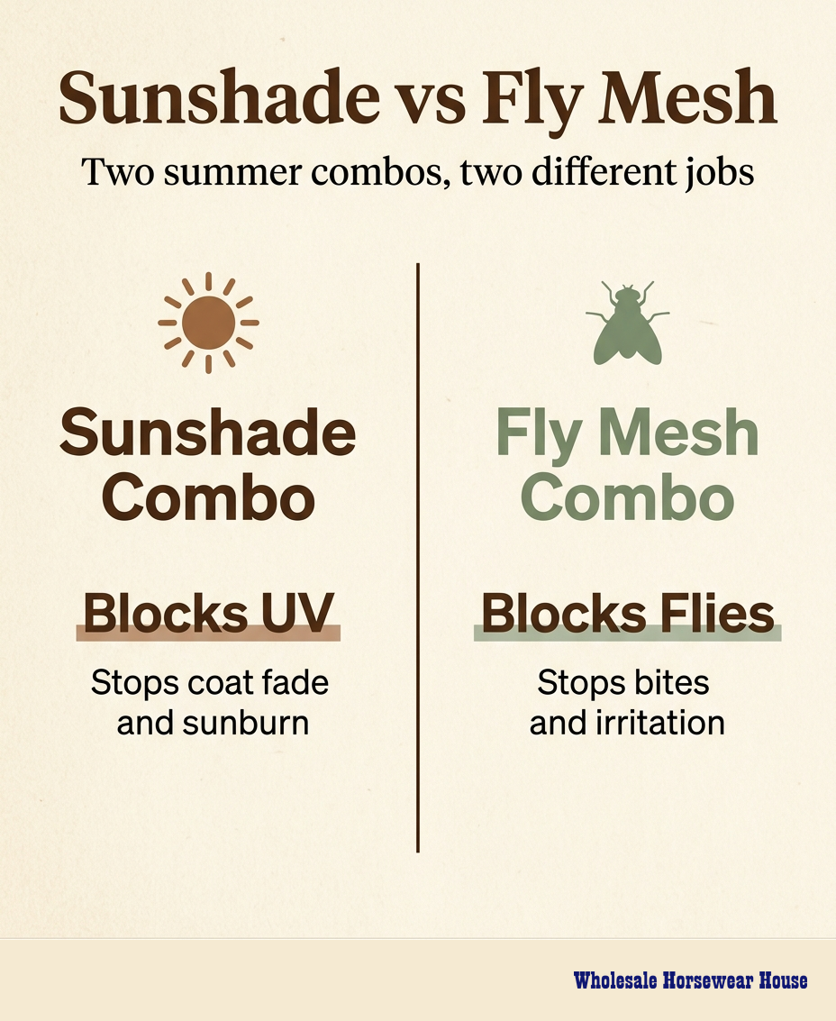 Side-by-side infographic comparing a Sunshade Combo (Blocks UV — stops coat fade and sunburn) with a Fly Mesh Combo (Blocks Flies — stops bites and irritation)