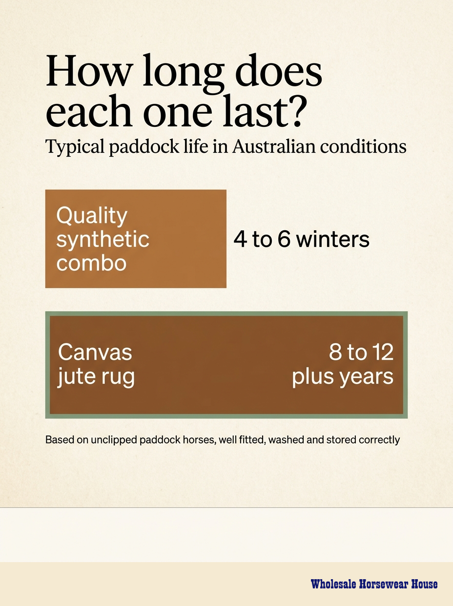 Synthetic combo vs canvas jute rug — typical paddock life in years