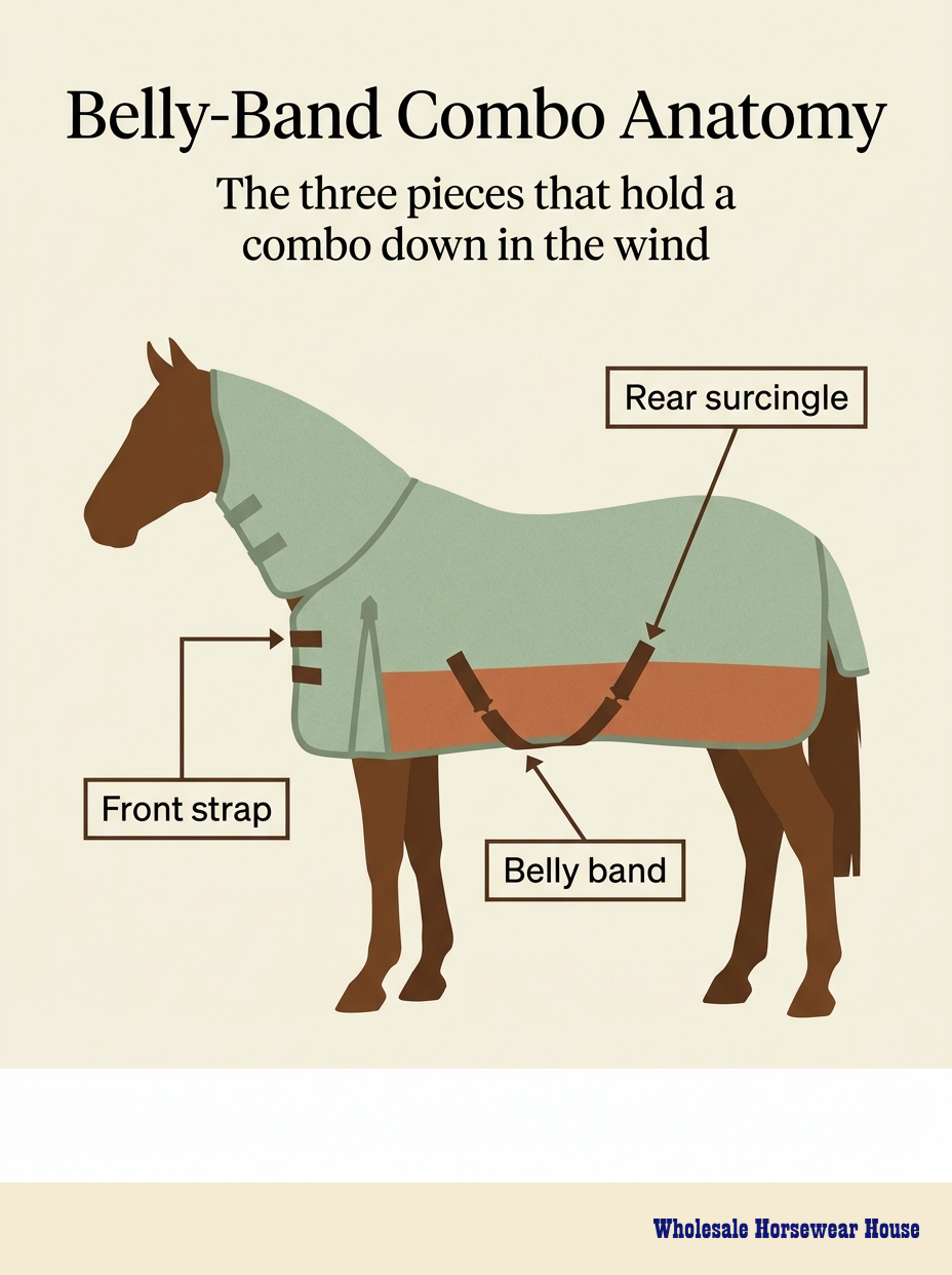 Side-profile diagram of a horse wearing a combo rug with the front strap, belly band and rear surcingle labelled.
