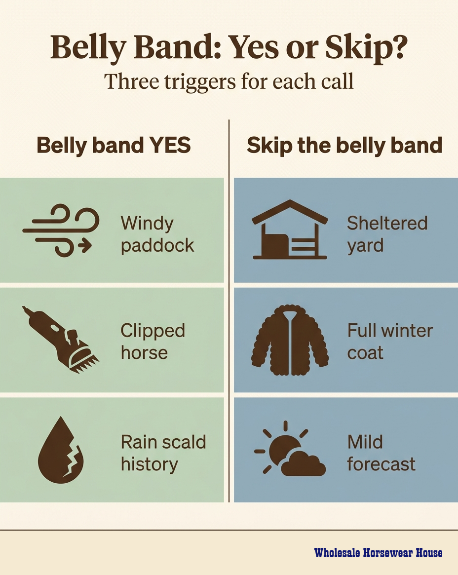 Two-column decision chart: belly band YES for windy paddock, clipped horse, rain scald history; skip the belly band for sheltered yard, full winter coat, mild forecast.