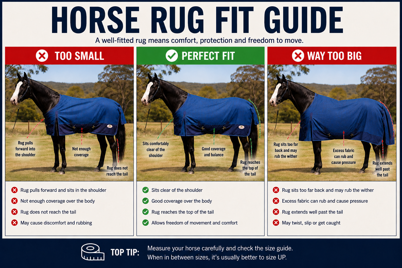 Horse rug fit guide showing too small, perfect fit and too big