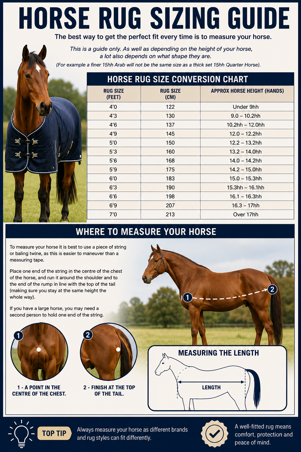 Horse rug sizing guide with size conversion chart and where to measure your horse