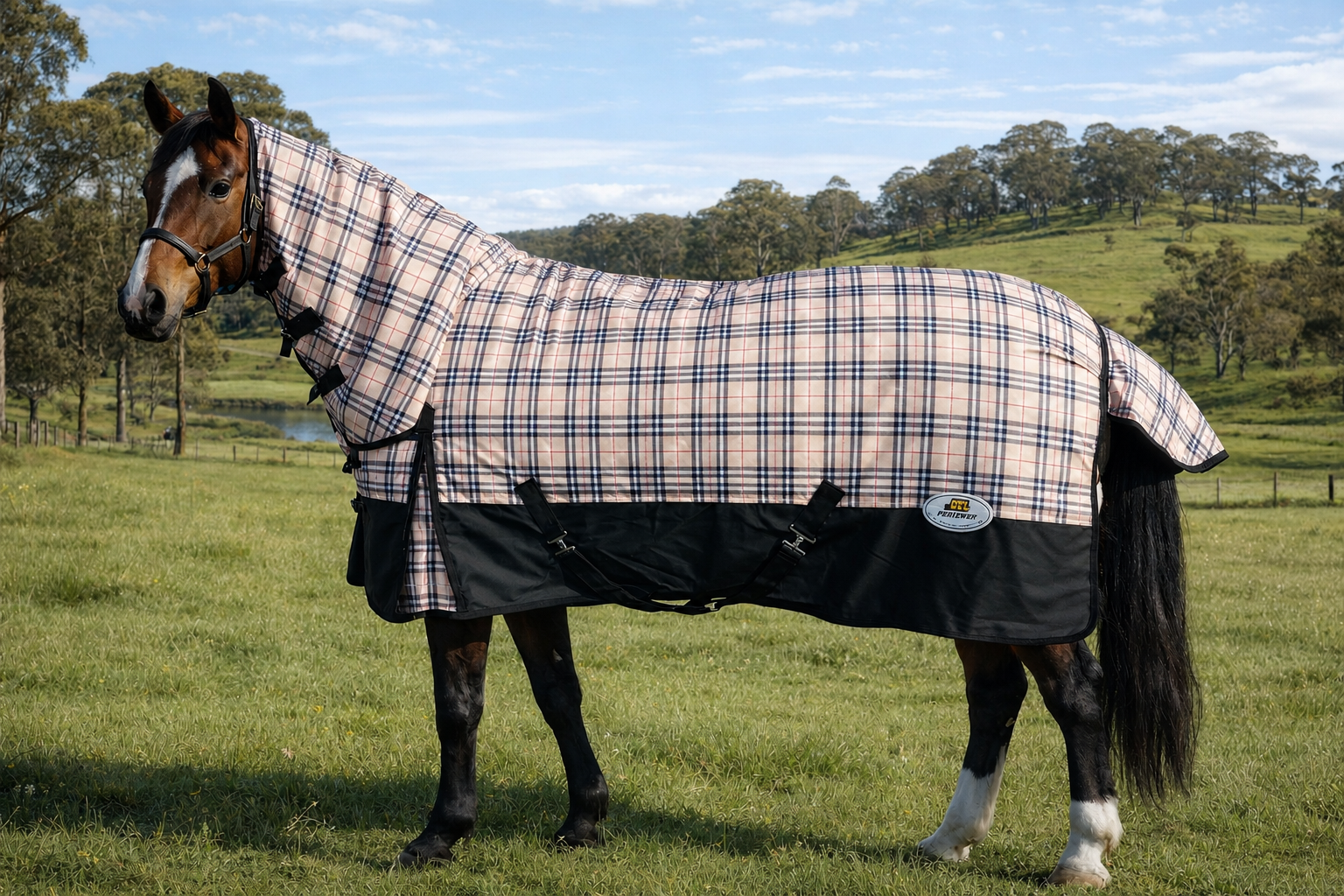 GTL Perisher synthetic ripstop combo horse rug on a bay horse in a paddock