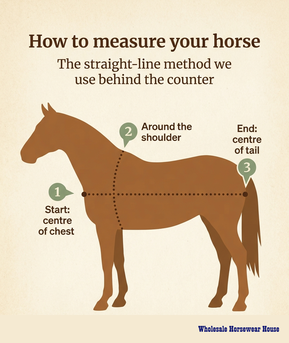 Diagram showing how to measure a horse for a rug — from centre of chest, around the shoulder, ending at centre of tail.
