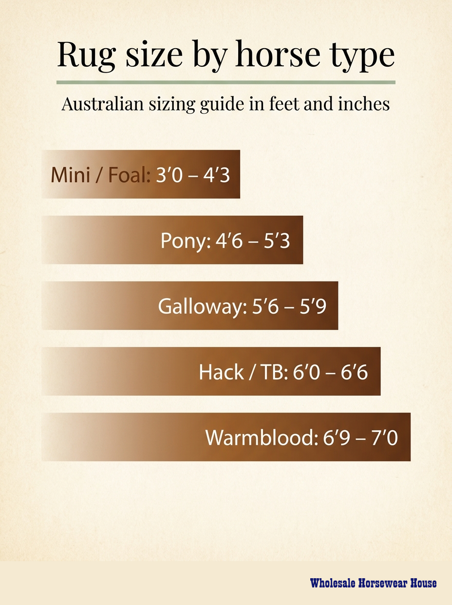 Australian horse rug size chart by horse type, in feet and inches: Mini, Pony, Galloway, Hack/TB, Warmblood.