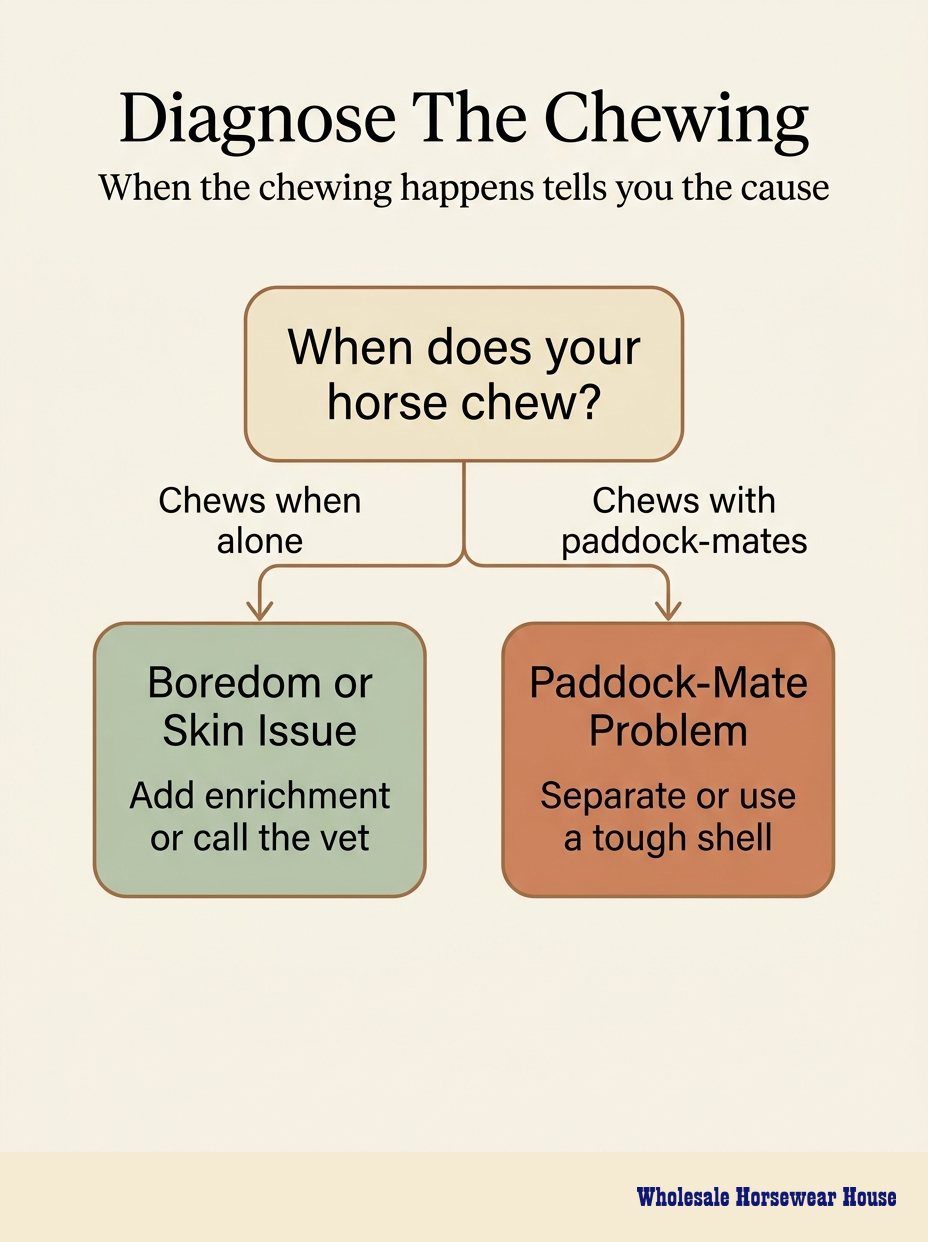 Diagnose the chewing — decision tree by when the chewing happens — WHWH editorial infographic