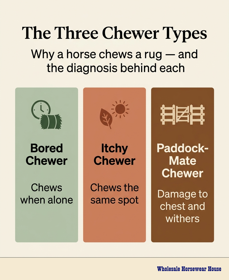 Three chewer types — bored chewer, itchy chewer, paddock-mate chewer — WHWH editorial infographic
